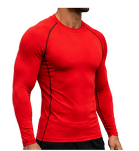 <b>Men</b> <b>Red</b> <b>Long</b> <b>Sleeve</b> Compression <b>Shirt</b> Slim Fit Quick Dry Sporty O-Neck Knitted Athletic Wear - Product Image 4