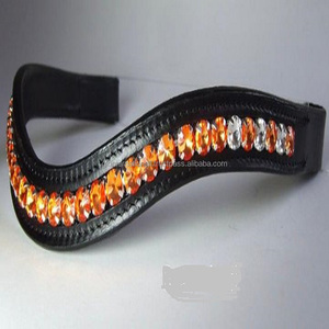 Bande de sourcils de cheval en cuir noir rembourré, fait à la main, incurvé, canal vide, grands cristaux bleus incrustés avec une couture de bord durable - Product Image 2
