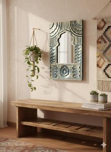 Handcrafted Large Vintage Wooden Mosaic <b>Rectangular</b> Framed Decorative Glass <b>Wall</b> <b>Mirror</b> Bohemian Living Room Entryway Home Decor - Product Image 2