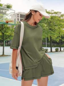 Conjunto de Camiseta de Manga Corta y Pantalones Cortos para Mujer, Estilo Casual, Ecológico, para Verano, Dos Piezas, Ropa de Salón, Conjunto a Juego, Venta al Por Mayor - Product Image 6