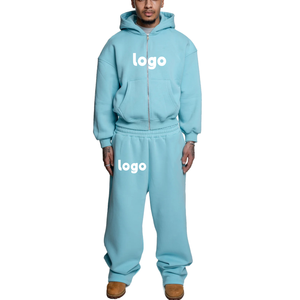 Fleece Heavy Weight Sweatpants and Hoodie <b>Set</b> Boxy Oversized Two Piece Zip up Hoodie Joggers <b>Sets</b> Men - Product Image 1