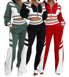 Women Black Striped Tracksuit Set Full Sleeve Turn-<b>down</b> Collar Elastic Waist Autumn Wear Breathable Elegant Style - Product Image 1