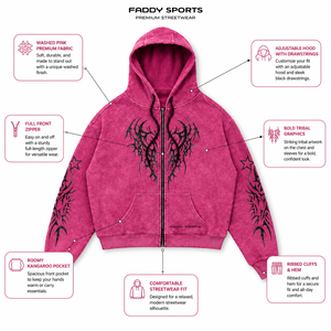Sudadera Rosa Personalizada Vintage Y2K con Lavado Ácido, Cremallera Completa, Gráfico Tribal Gótico, Oversize, de Algodón Pesado, Estilo Urbano - Product Image 5