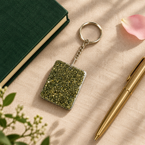 Porte-clés mousqueton de luxe en pyrite naturelle, rectangulaire, avec paillettes dorées, breloque de sac portable pour cadeau promotionnel - Product Image 5