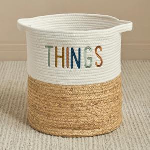 Cesta redonda de jacinto de agua combinada con tela de algodón. Cesta de almacenamiento hecha a mano. Venta al por mayor. Ecológica. Hecho en Vietnam. - Product Image 1