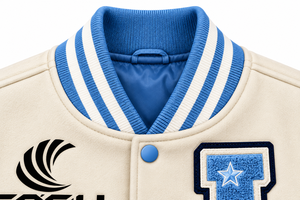 Veste de baseball vintage pour homme avec patch brodé, manches en cuir bleu beige, col montant - Product Image 4