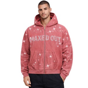 เสื้อฮู้ดซิปประดับเพชรเทียมแบบกำหนดเอง ผ้าฟลีซหนานุ่ม ทรงโอเวอร์ไซส์ สไตล์ Y2K สตรีทแวร์วิบวับ เสื้อฮู้ดผู้ชาย ขายส่ง - Product Image 1