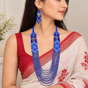 Conjunto de Collar y Pendientes con Cuentas Geométricas Azules, Joyería Étnica con Flecos para Mujer, para Fiestas y Eventos - Product Image 1