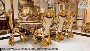 Majestuoso Juego de Comedor de 8 Plazas con Mesa y Sillas Talladas en Hoja de Oro, Estilo Rococó Opulento, Tapizado en Azul Real - Product Image 5