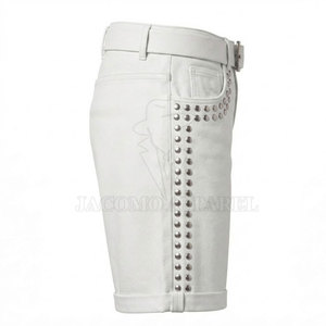 Pantalones cortos de cuero con pedrería estilo motero para hombre, de cuero auténtico, hasta la rodilla, casuales, para montar, con bolsillos, ¡los más vendidos! - Product Image 3