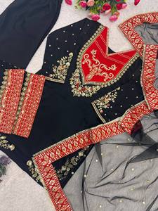 Black Pakistani Embroidered Salwar Kameez Set Long Sleeve Kurta Palazzo <b>Pants</b> Shawl for Party Wedding - Product Image 6