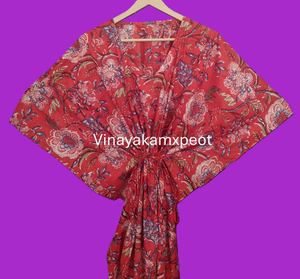 Handcrafted Red Floral Printed Cotton <b>Kaftan</b> Women Elegant V-Neck <b>Summer</b> Loungewear Breathable Bohemian Midi High Waist - Product Image 3