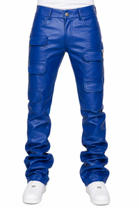 Men's Royal Blue Stacked <b>Cargo</b> <b>Leather</b> <b>Pants</b> – Fashion Slim Fit Streetwear Trousers - Product Image 2