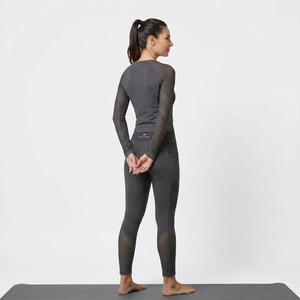 Women Black Long Sleeve Mesh Panel Sports <b>Top</b> <b>and</b> High Waist <b>Leggings</b> Two Piece Yoga Activewear Set - Product Image 3