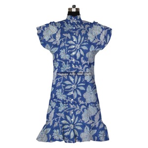 Designer Hand <b>Block</b> <b>Printed</b> Midi Natural Waist Women Western Wear Shirt Puff Short Sleeveless Top India & Pakistan Clothing - Product Image 1