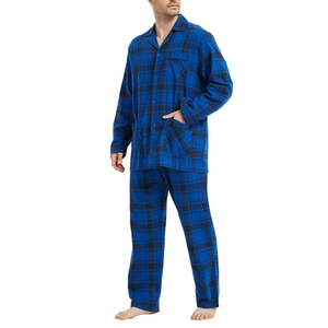 Ensemble de pyjama en flanelle bleu à carreaux pour homme, manches longues, boutons sur le devant, vêtements de nuit respirants en coton, vêtements décontractés d'hiver - Product Image 3