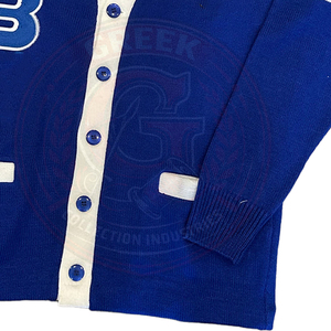 Fraternity sorority Blue acrylic Knitted <b>Cardigan</b> <b>Sweater</b> Greek letter TB Logo White Trim Full Sleeve Embroidery collage wear - Product Image 4