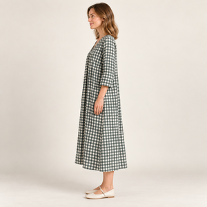 Vestido largo a cuadros con cuello en V y bolsillos, corte holgado, manga tres cuartos, vestido informal de algodón para uso diario - Product Image 3