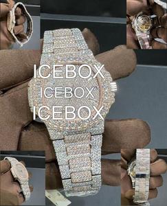 Montre VVS1 Moissanite Iced-Out avec boîtier en acier inoxydable, cadran en verre, bracelet à fermoir, bicolore, style Hip Hop, résistante à l'eau 10 bars - Product Image 4