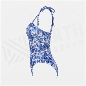 Maillot de bain une pièce pour femmes, imprimé floral bleu, col en V, bretelles à nouer, body extensible push-up - Product Image 3