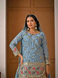 Elegant Blue Embroidered Sharara Dress for Women | Designer <b>Kurti</b> Palazzo Set with Dupatta | Festive Wedding Wear Salwar Suit - Product Image 4