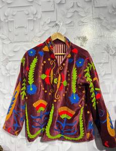 <b>Mandarin</b> <b>Collar</b> Velvet <b>Jacket</b> Full Sleeve Floral Hand Embroidery Autumn Women's Coat Prairie Chic Style Wholesale Suzani <b>Jackets</b> - Product Image 2