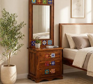 Solid Wood Dressing Table with Tall Mirror | Ceramic Tile Inlay Makeup <b>Vanity</b> | Wholesale <b>Bedroom</b> Furniture - Product Image 1