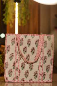 Sac à main en coton rose crème à fleurs, sac fourre-tout matelassé pour femmes, grande capacité, sac à bandoulière écologique - Product Image 3