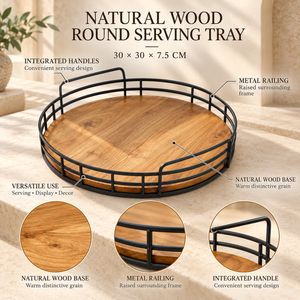 Plateau de service rond en bois naturel |   Plateau de service et de présentation rustique pour table à manger avec poignées intégrées en métal, organisateur de décoration intérieure - Product Image 5