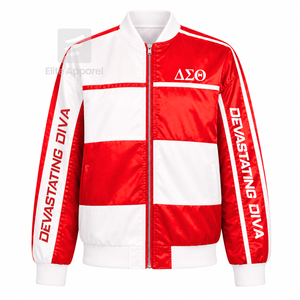 Chaqueta cortavientos personalizada de la hermandad Delta Sigma Theta con logo bordado en rojo y blanco, estilo casual para mujer con forro de poliéster. - Product Image 1