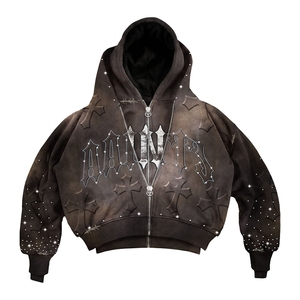 OEM Streetwear Custom Rhinestone Embroidery Vintage Cropped Acid Wash Double Zip Distressed Rhinestone Shorts and Hoodie <b>Set</b> Men - Product Image 2