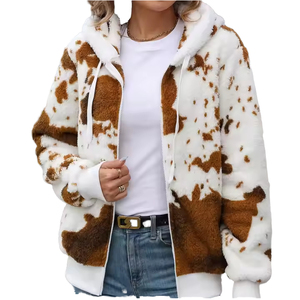 Veste à capuche oversize en fausse fourrure pour femme, imprimé animal, fermeture éclair, manches régulières, manteau d'hiver en peluche - Product Image 1
