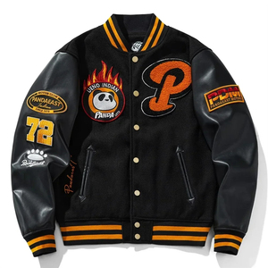<b>Black</b> White Stripe Varsity Jacket PU Wool Letterman Jacket Panda 72 Embroidery High Street Streetwear - Product Image 1