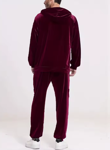 Survêtement à capuche en velours bordeaux pour homme, couleur unie, décontracté, pour l'hiver, avec poches latérales et cordon de serrage - Product Image 3