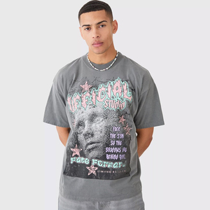 Camisetas Casuales de Manga Corta para Hombre, 100% Algodón, Lavado Ácido, con Logotipo Personalizado Bordado, Estampado en Blanco, Estilo Urbano, en Stock - Product Image 1