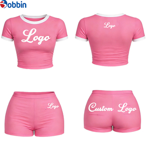 Women's Shorts Sets Summer Outfits Custom Logo Shorts Set Summer Women Clothes Women's Basic Short Sleeve Crew Ribbed 2-Pcs Set - Product Image 1
