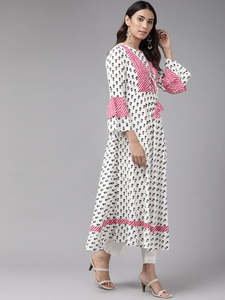 Anarkali Kurta en rayonne à rayures et imprimé doré, évasé, ethnique, rose et blanc, pour l'été, protection solaire, vente en gros, traditionnel, décontracté, festif - Product Image 6