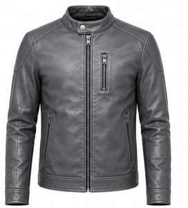 <b>Men's</b> Black Genuine <b>Leather</b> Moto <b>Jacket</b> Stand Collar Zipper Closure Slim Fit Regular Sleeve Solid Color Autumn Wear - Product Image 1