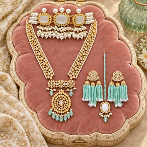 Wholesale Mint <b>Bridal</b> <b>Jewelry</b> <b>Set</b> Long Necklace Pearl Choker Earrings Tikka Bulk Manufacturer - Product Image 5
