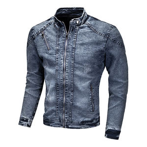 Men's Slim Fit Denim Jacket Moto Style Stand Collar Zipper Closure Washed Blue Cotton Lining Regular Length Autumn Wear - Product Image 6
