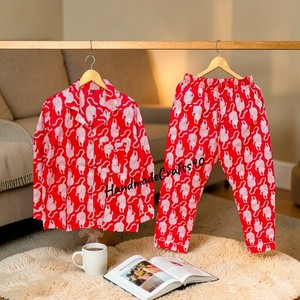 Ensemble pyjama en coton rayé pour femmes, manches longues, col rabattu, longueur complète, taille élastique, vêtements de nuit doux et décontractés, été - Product Image 3