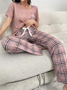 <span class=keywords><strong>Pijama</strong></span> Informal de <span class=keywords><strong>Manga</strong></span> <span class=keywords><strong>Corta</strong></span> para <span class=keywords><strong>Mujer</strong></span>, Conjunto de <span class=keywords><strong>Pijama</strong></span> de Estilo Diario, Ropa de Dormir, Top y Pantalones Largos, Primavera y Verano - Product Image 3