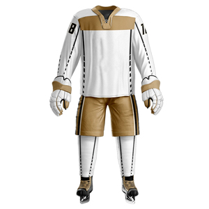 Uniforme de Hockey sobre Hielo 2026 en Color Blanco Dorado, Conjunto de Jersey y Pantalones de Poliéster Transpirable con Cuello en V y Manga Larga para Hombres Adultos - Product Image 1