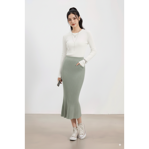 Falda Midi Casual de Lana Acanalada para Mujer, Corte A, Cintura Alta, Ajuste Elástico Cómodo, Elegante, Venta al Por Mayor - Product Image 1