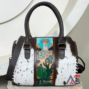 New Arrival Western Designer Tooled Hair on Cowhide Leather Medium Duffel Bags Stylish Top Handle & Crossbody Travel Handbags - Product Image 1
