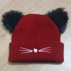 Cute Cat Fur Ear Beanie <b>Hat</b> for Women Girls | Knitted Winter Cap with Ears | <b>Warm</b> Cartoon Style Beanie Caps - Product Image 1