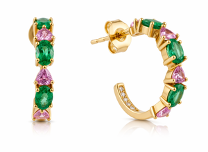 Pendientes de aro de plata de ley 925 con circonita cúbica, hechos a mano, con piedras preciosas y chapados en oro para mujer - Product Image 2