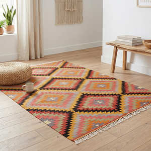 Tapis géométrique en coton Kilim à blocs de couleur pour salon, style moderne du milieu du siècle, scandinave et contemporain - Product Image 3