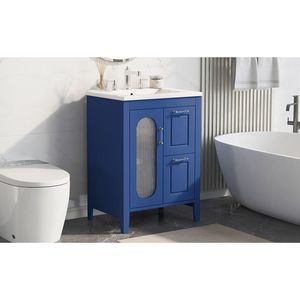 24-Inch <b>Solid</b> <b>Wood</b> MDF Blue <b>Bathroom</b> Vanity Cabinet with Sink Two Drawers Adjustable Shelf & <b>Door</b> - Product Image 6