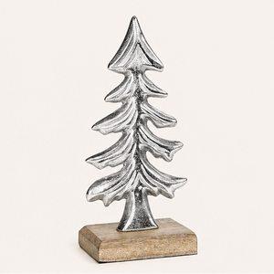 Modern Metal Christmas Tree Sculpture With Rustic Wooden Base Premium Silver Tabletop Holiday <b>Decoration</b> For Home And Office - Product Image 3